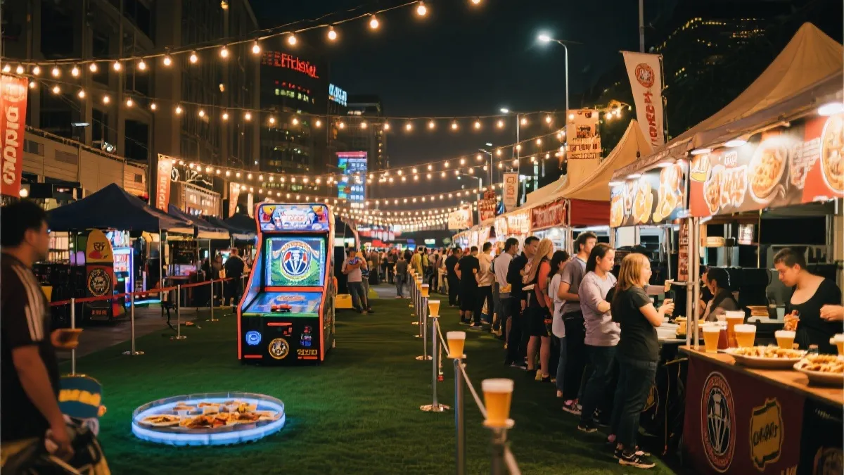 球迷区互动游戏与美食摊位动线示意图