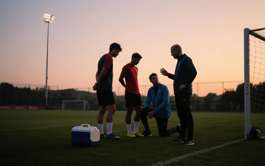 训练场上教练与医疗团队评估球员状态的画面