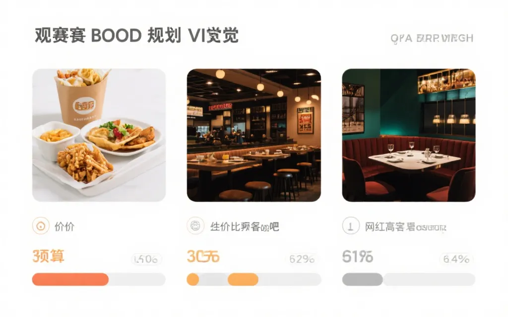 三档预算的观赛日美食规划示意：平价小吃、性价比餐吧、网红高端餐厅对比