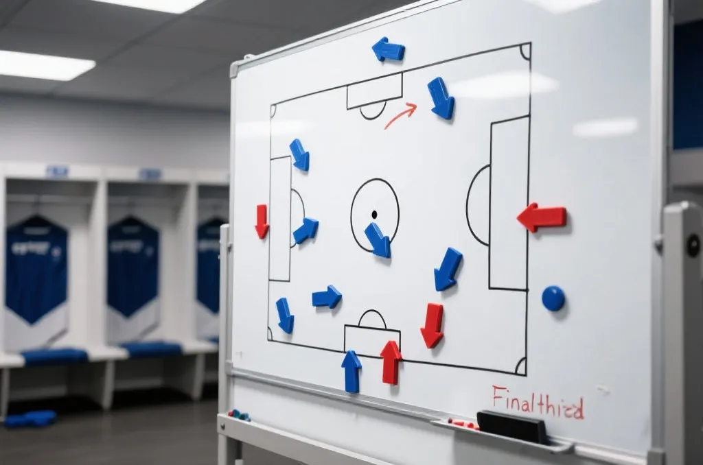 Tactical whiteboard in football locker room showing strategy and arrows pointing to the final third zone